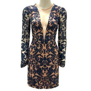 Dress The Population Mini Dress S Blue Claudia Plunging Illusion Sequin Lace